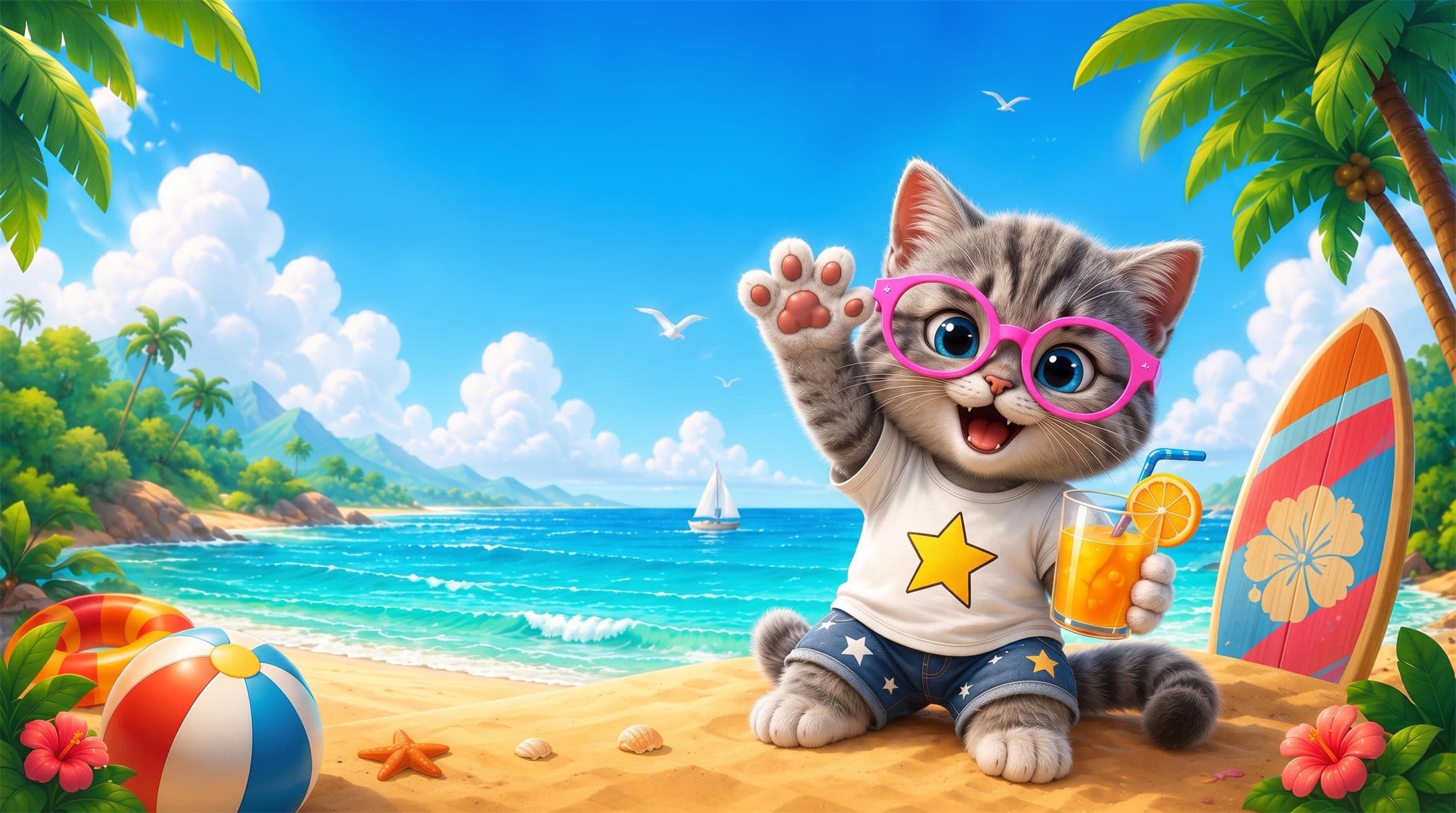 Котёнок Paw Paw в розовых очках на пляже