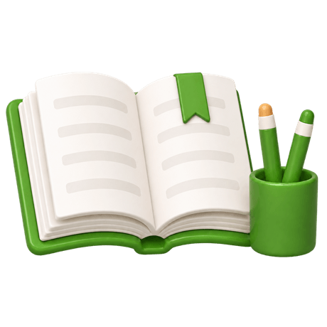 Раскрытая книга и стакан с карандашами